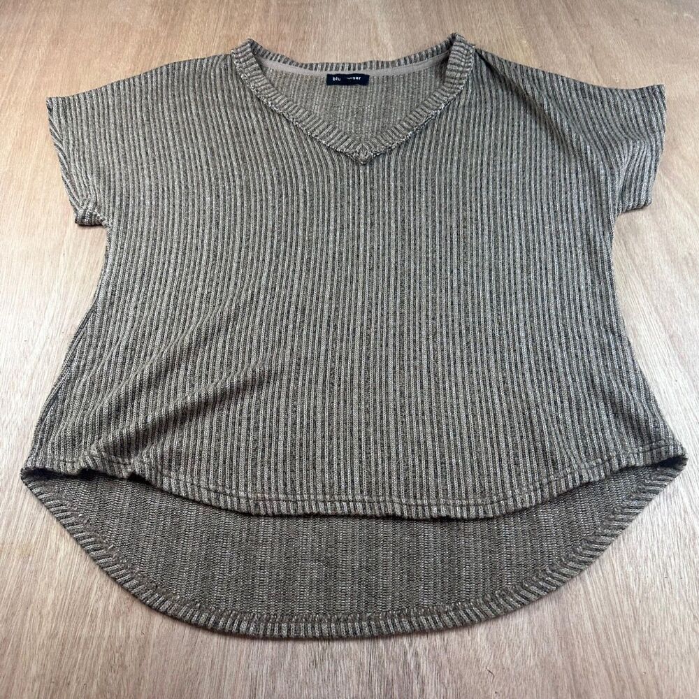 Blu Pepper Ribbed V Neck Short Sleeve High Low Hem Top Brown Tan Fall Layer S